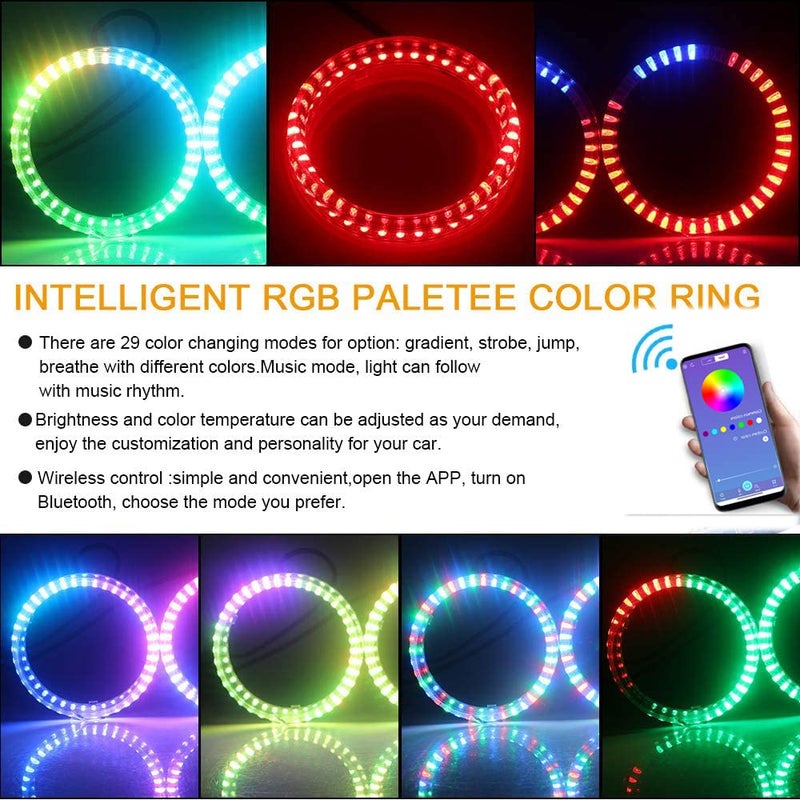 Qasim 1-Pair 80MM 30SMD 3535 LED RGB Angel Eyes Halo Rings for Motorcycle Car DRL Fog Lamp Turn Signal Light APP Bluetooth Control Multi-Color 12V - Image 5